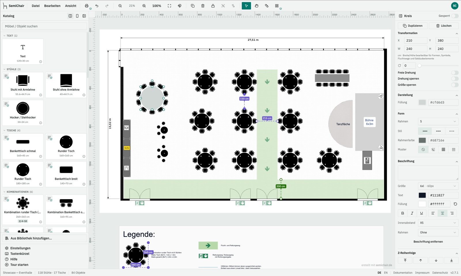 The semiChair editor with a fully seated example room